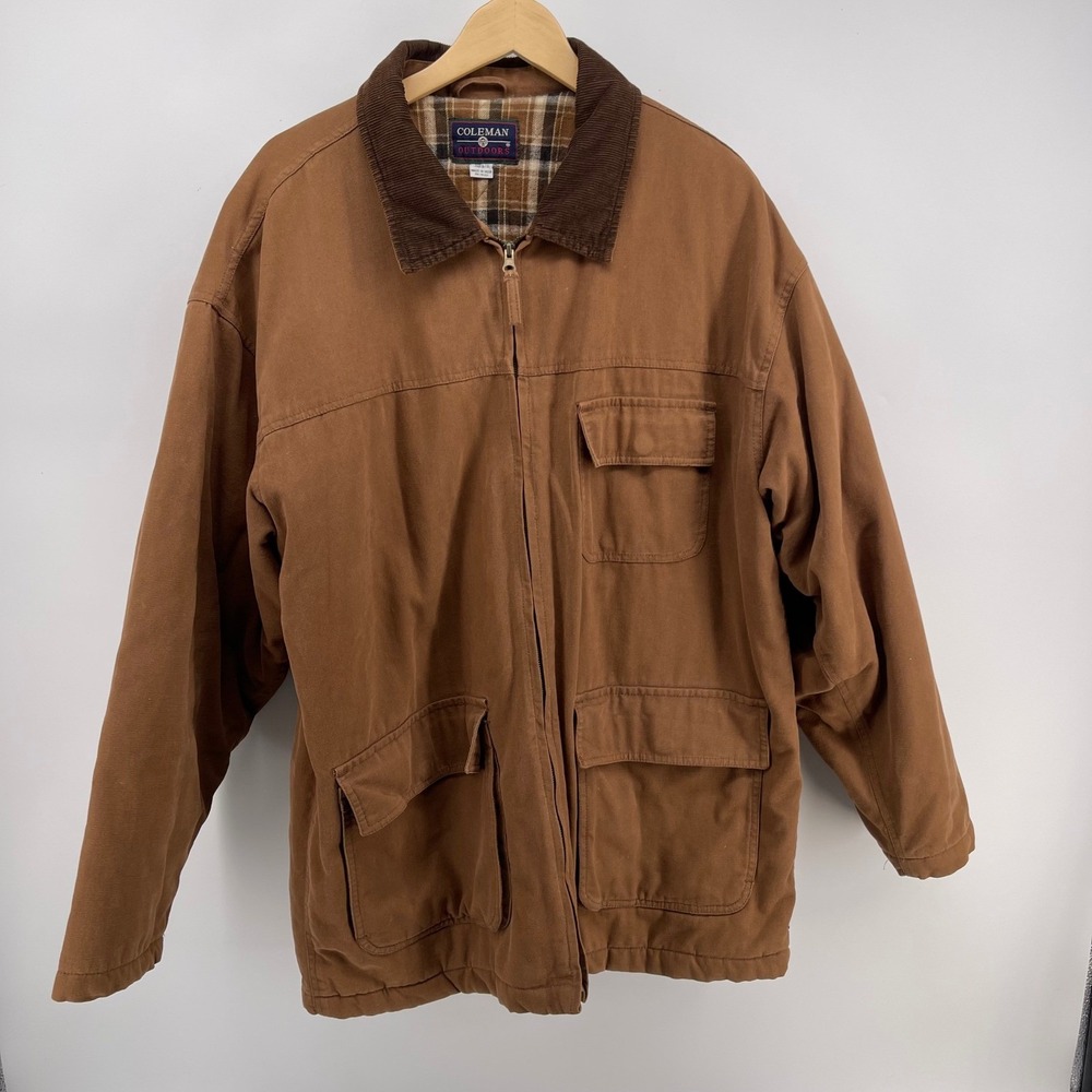 Coleman Outdoors Mens Brown Canvas Field Jacket Corduroy Collar Plaid Lined L